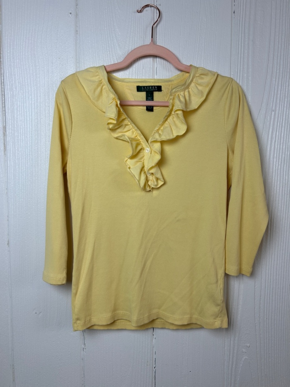 Ralph Lauren Yellow Ruffle V-Neck 3/4 Sleeve Top Size L